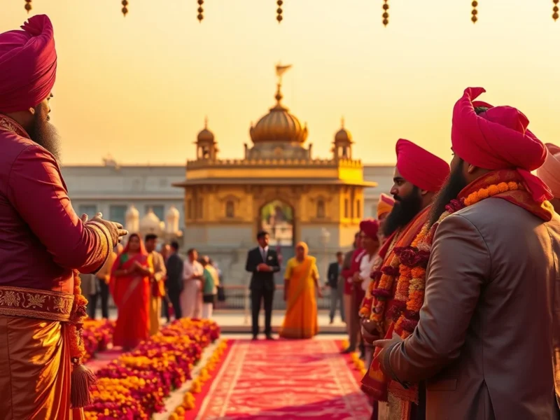 Vibrant Punjabi Sikh wedding reception stage in Amritsar with the Golden Temple silhouette behind it