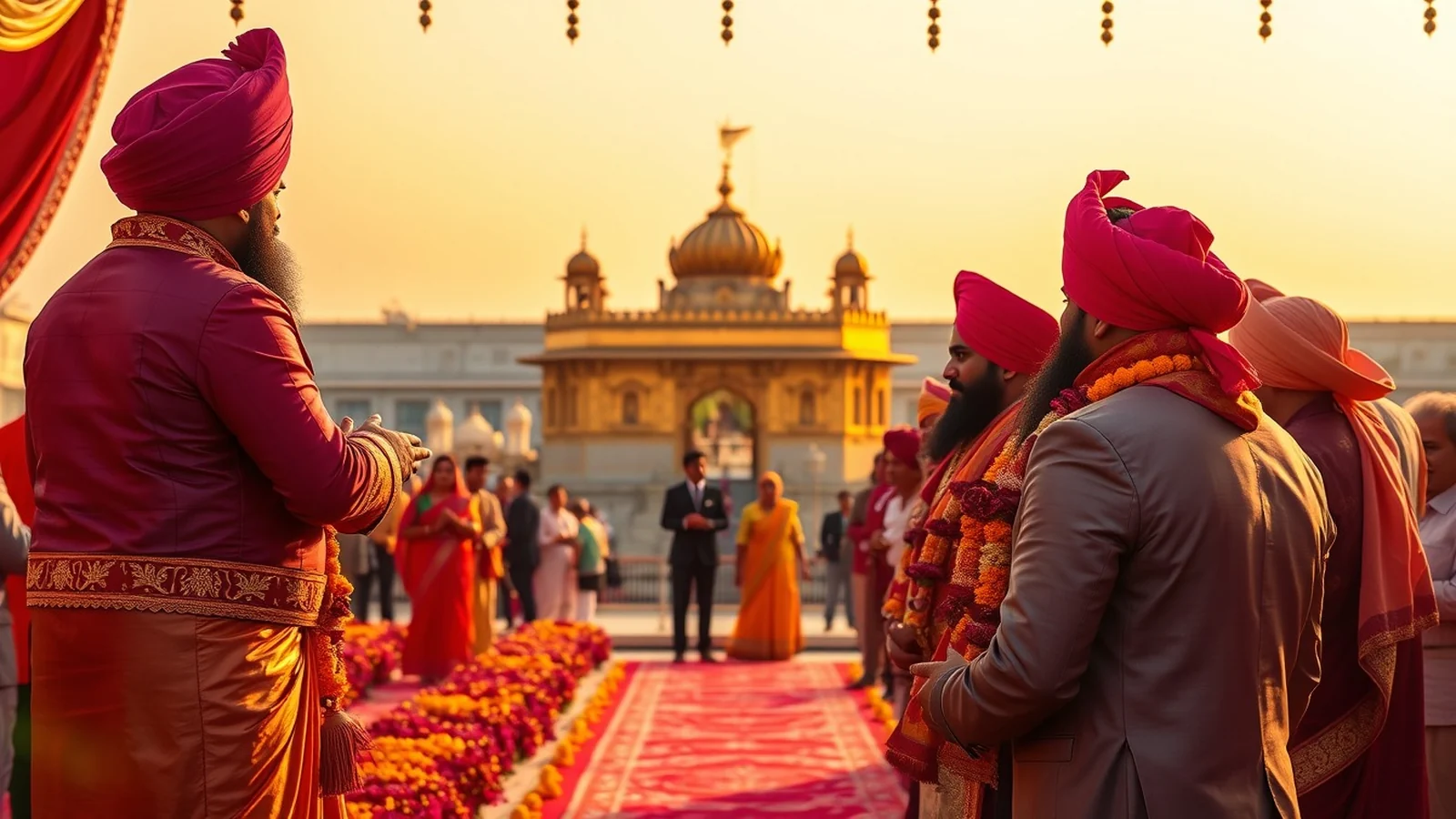 Vibrant Punjabi Sikh wedding reception stage in Amritsar with the Golden Temple silhouette behind it