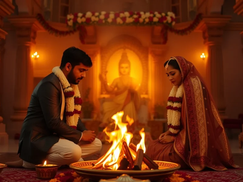 Arya Samaj Vedic Hindu wedding ceremony around the sacred fire havan with a priest at golden hour