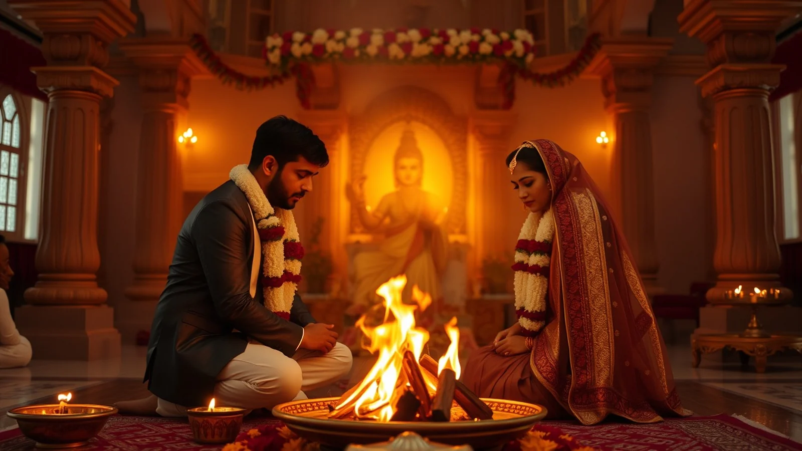 Arya Samaj Vedic Hindu wedding ceremony around the sacred fire havan with a priest at golden hour