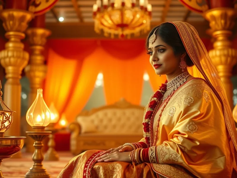 An Assamese Biya wedding scene with the bride in a golden Muga silk mekhela sador beside a brass xorai