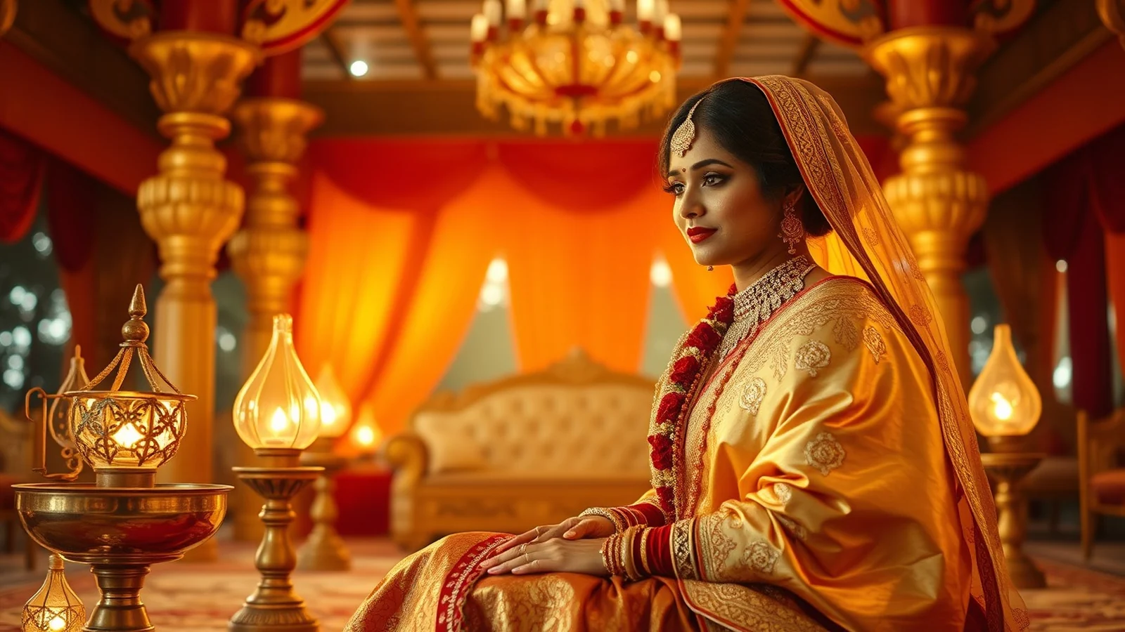 An Assamese Biya wedding scene with the bride in a golden Muga silk mekhela sador beside a brass xorai