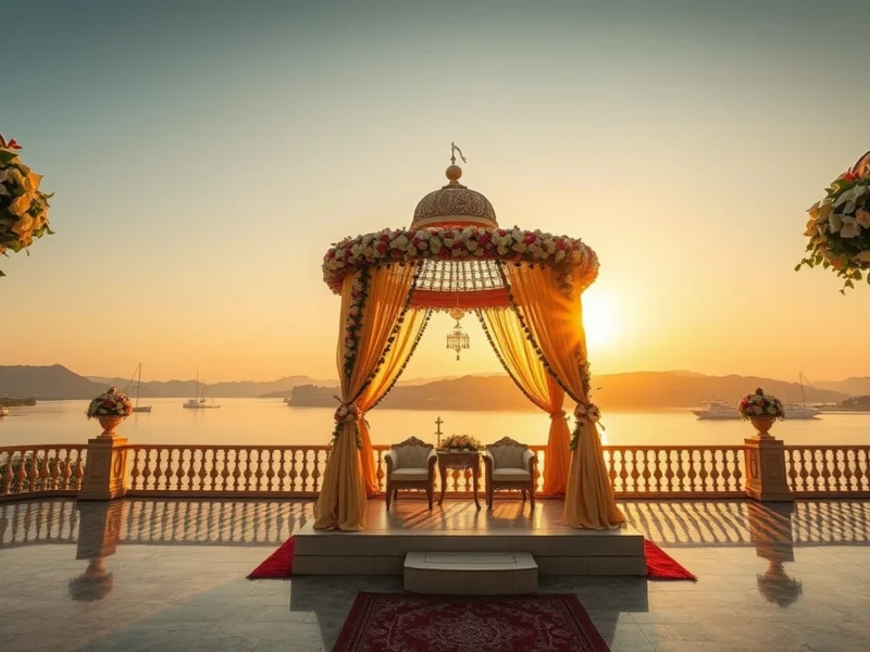 An Indian destination wedding mandap on a palace lakeside terrace at golden hour