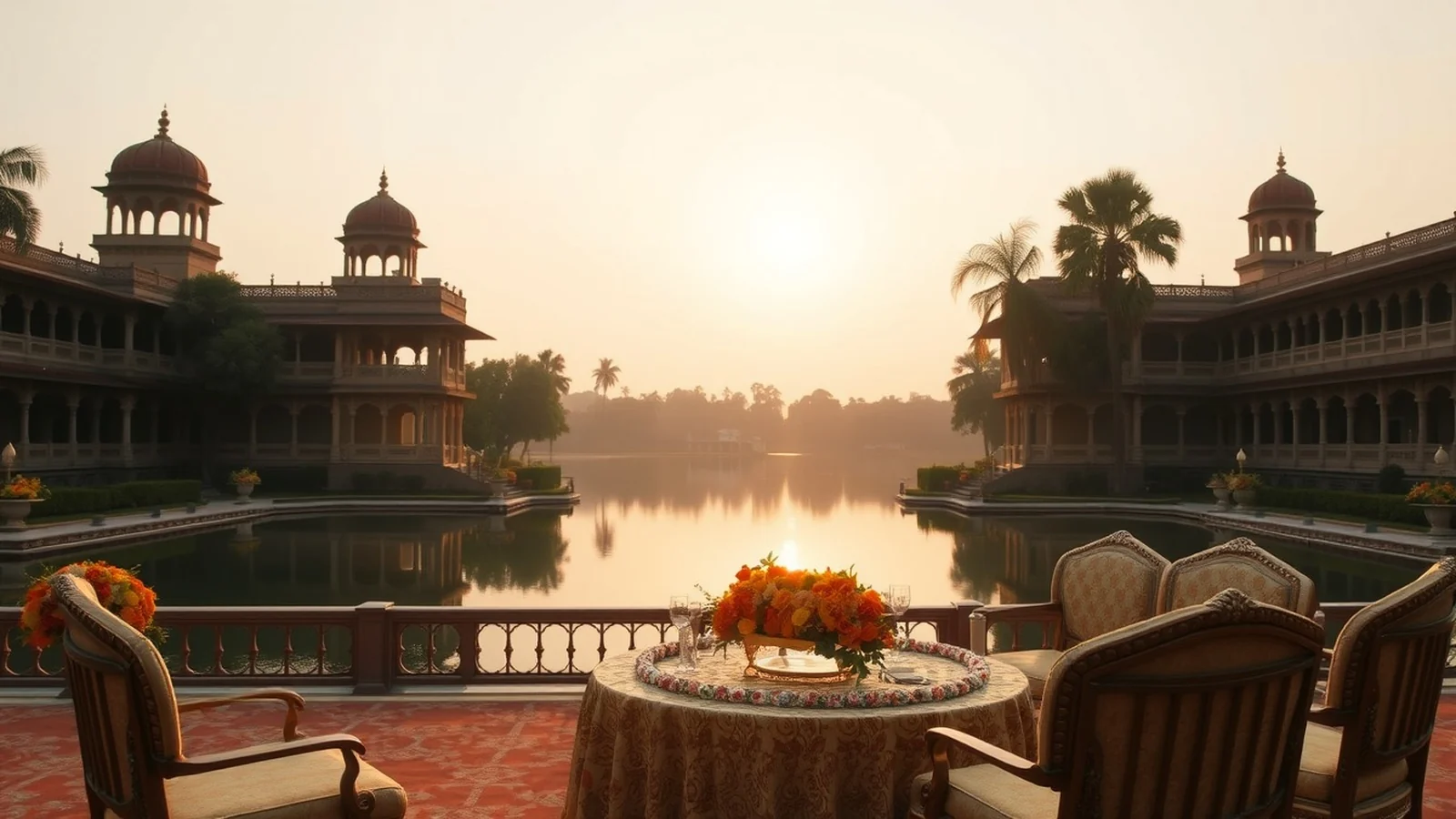 Lakeside heritage-palace Indian wedding setup in Bhopal, the City of Lakes, at golden hour