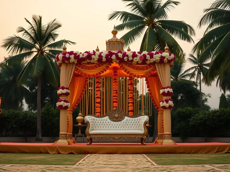 An elegant Odia wedding mandap at an upscale Bhubaneswar hotel lawn at golden hour