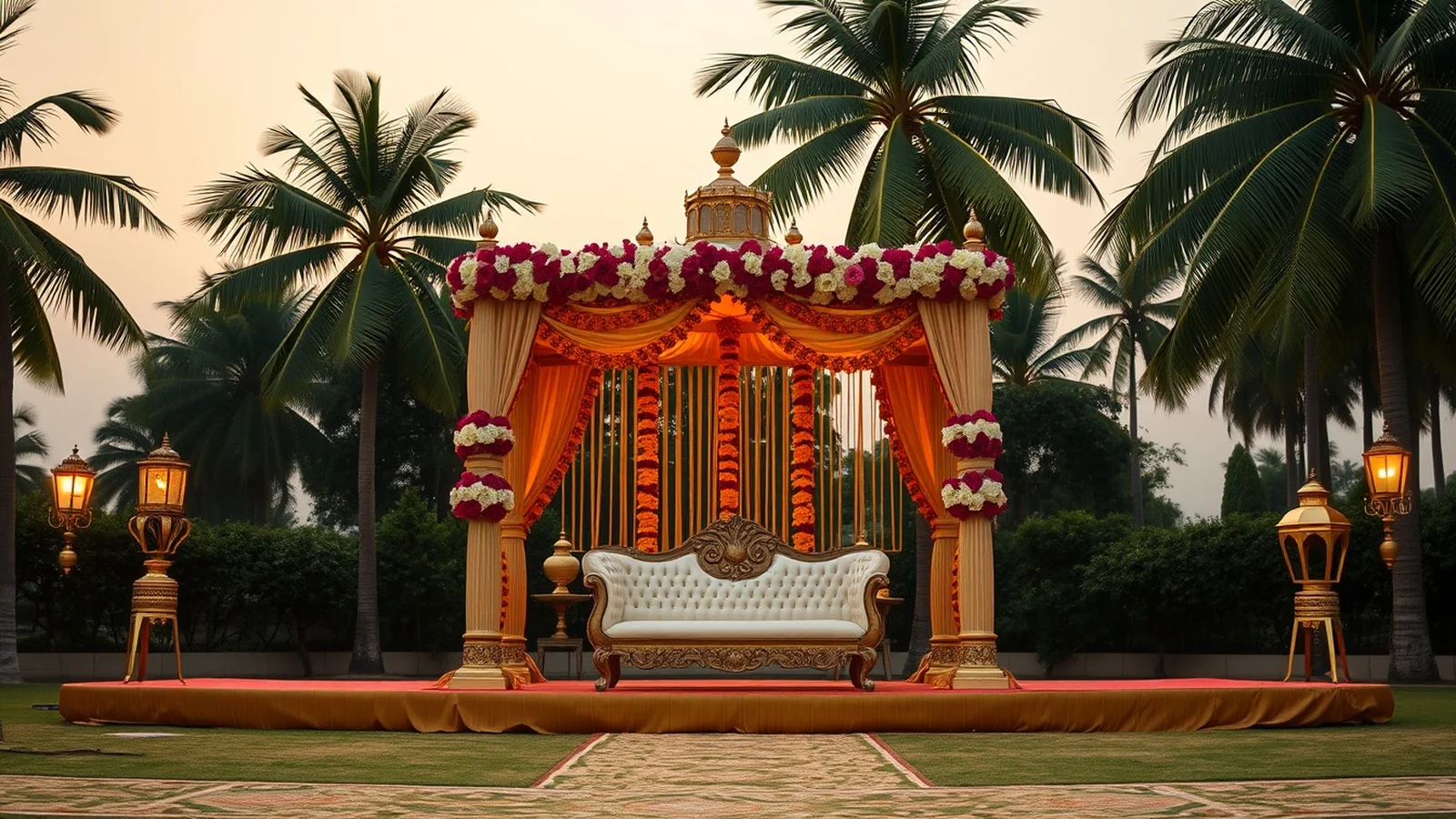 An elegant Odia wedding mandap at an upscale Bhubaneswar hotel lawn at golden hour
