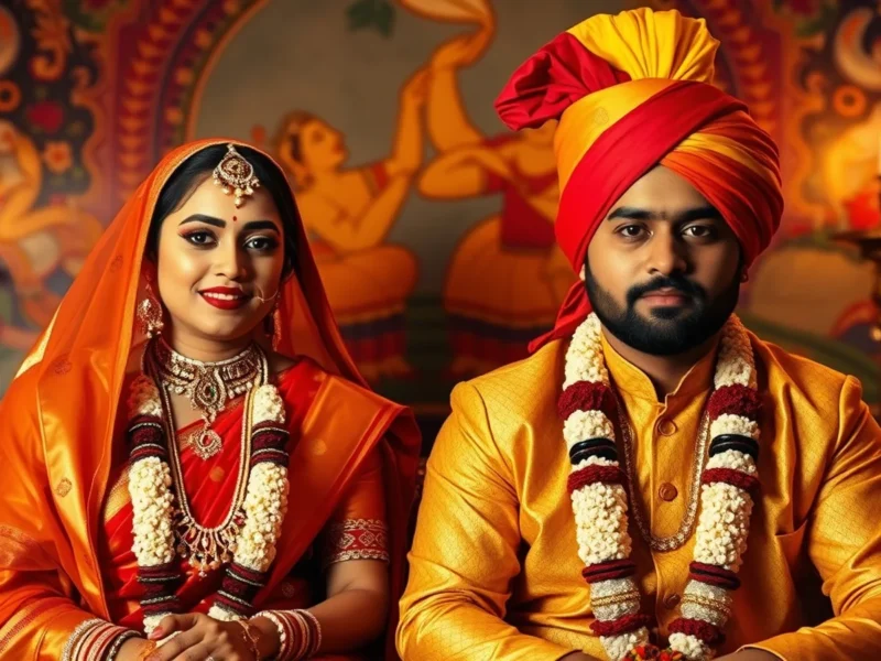 A Bihari Maithil wedding with the groom in a Paag turban before an ornate Mithila-art Kohbar wall