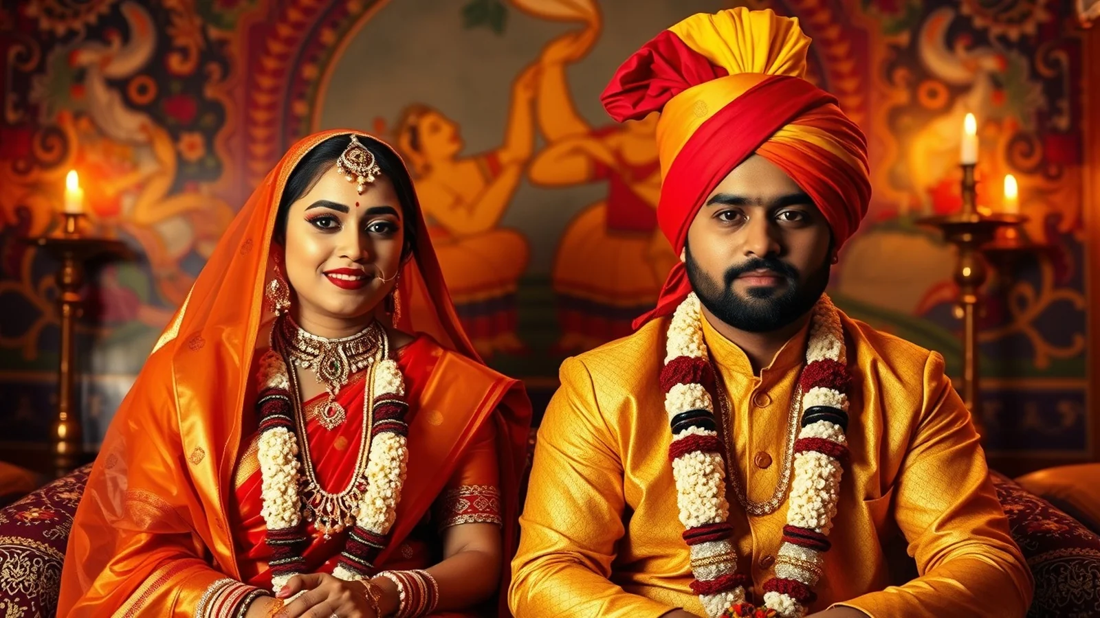 A Bihari Maithil wedding with the groom in a Paag turban before an ornate Mithila-art Kohbar wall