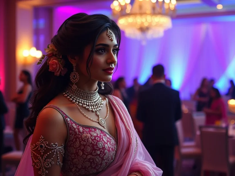Elegant Indian bride in a contemporary reception gown at a chic evening reception with soft glamorous lighting