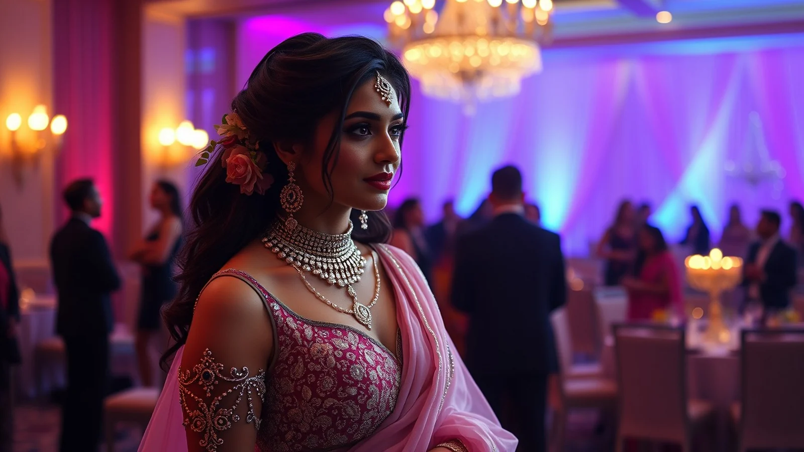 Elegant Indian bride in a contemporary reception gown at a chic evening reception with soft glamorous lighting