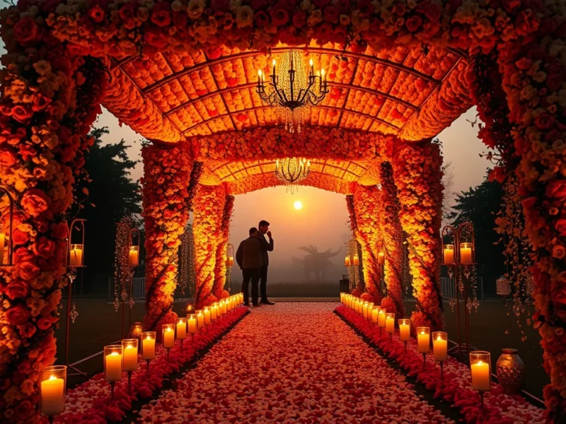Floral phoolon ki chaadar canopy entrance walkway lined with candles and petals at golden hour