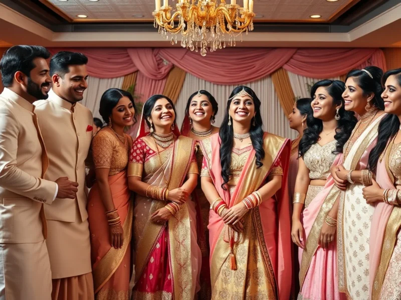 Indian bridesmaids and groomsmen in coordinated pastel and gold festive outfits