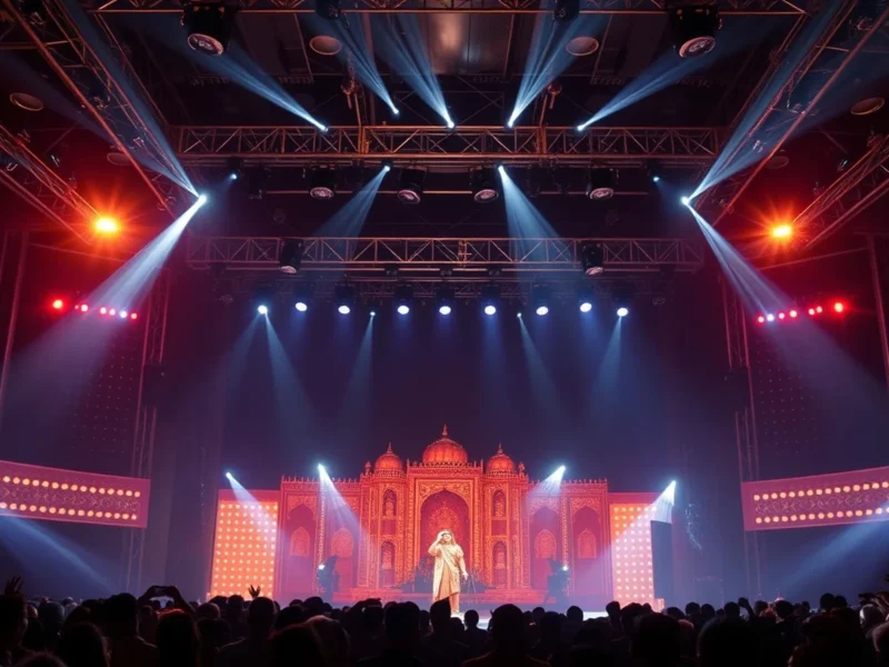 A grand Indian sangeet stage with a headline performer under dramatic concert lighting