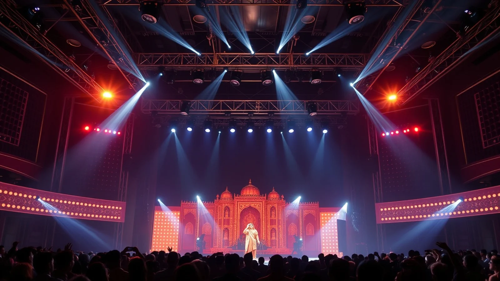A grand Indian sangeet stage with a headline performer under dramatic concert lighting