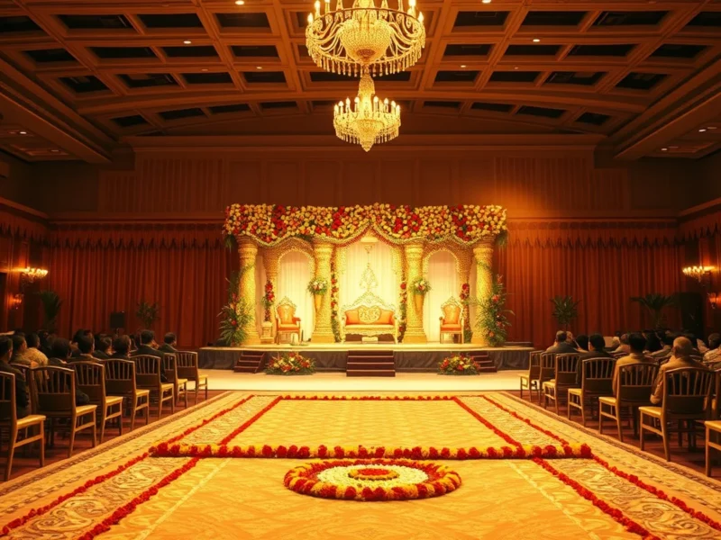An elegant South Indian wedding stage at a grand Coimbatore convention mandapam at golden hour