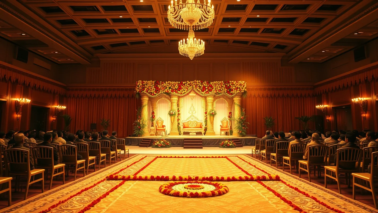 An elegant South Indian wedding stage at a grand Coimbatore convention mandapam at golden hour