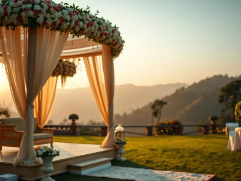 Scenic hill wedding mandap on a Dehradun Doon Valley resort lawn with the Himalayan foothills behind it