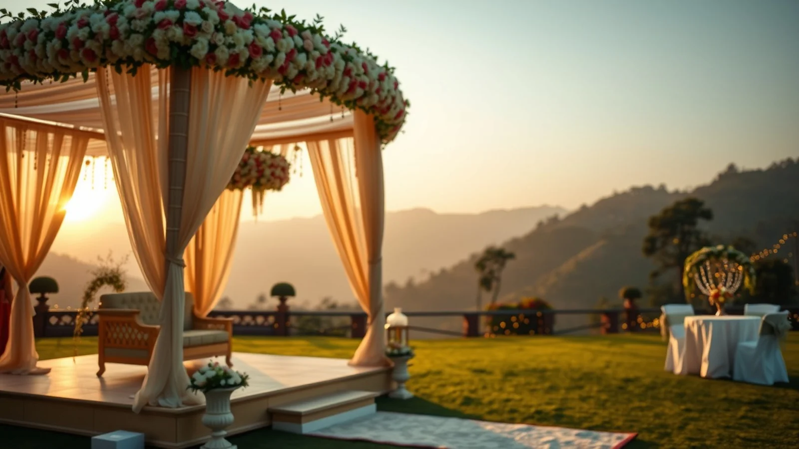 Scenic hill wedding mandap on a Dehradun Doon Valley resort lawn with the Himalayan foothills behind it