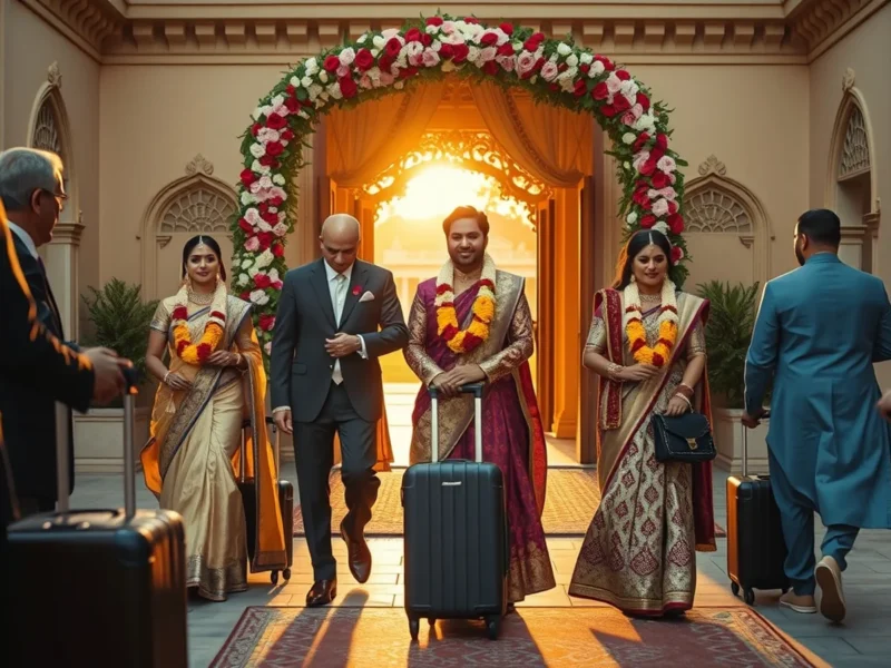 Wedding guests with luggage arriving at a heritage palace hotel courtyard at golden hour