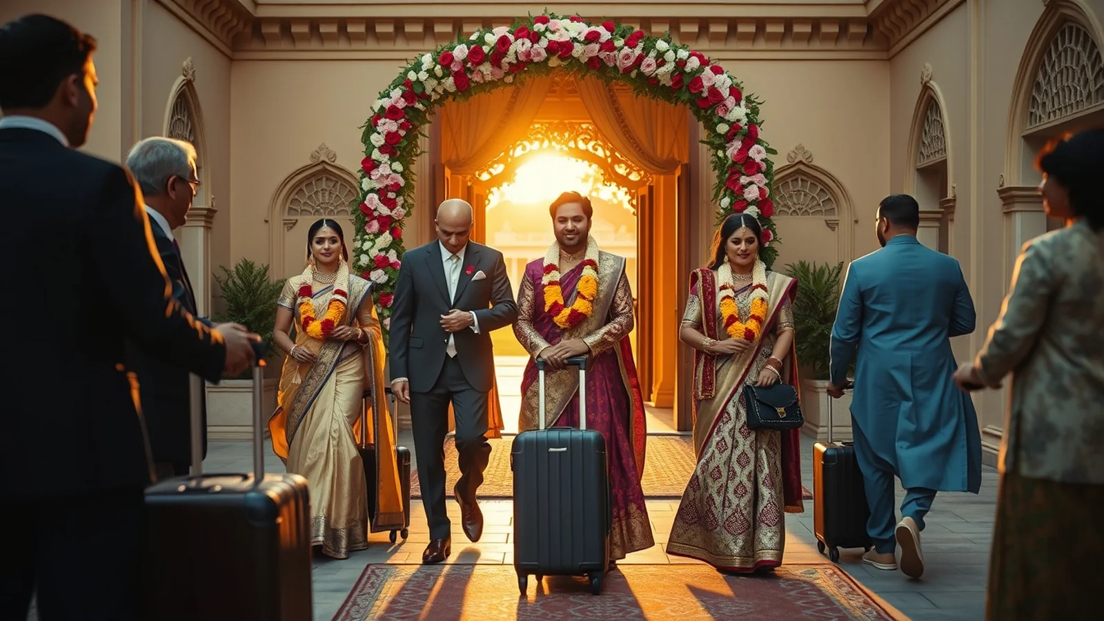 Wedding guests with luggage arriving at a heritage palace hotel courtyard at golden hour