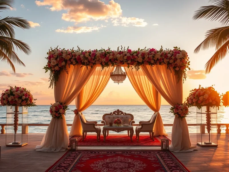Dreamy Indian destination wedding by the sea at a tropical resort with a floral mandap at golden hour