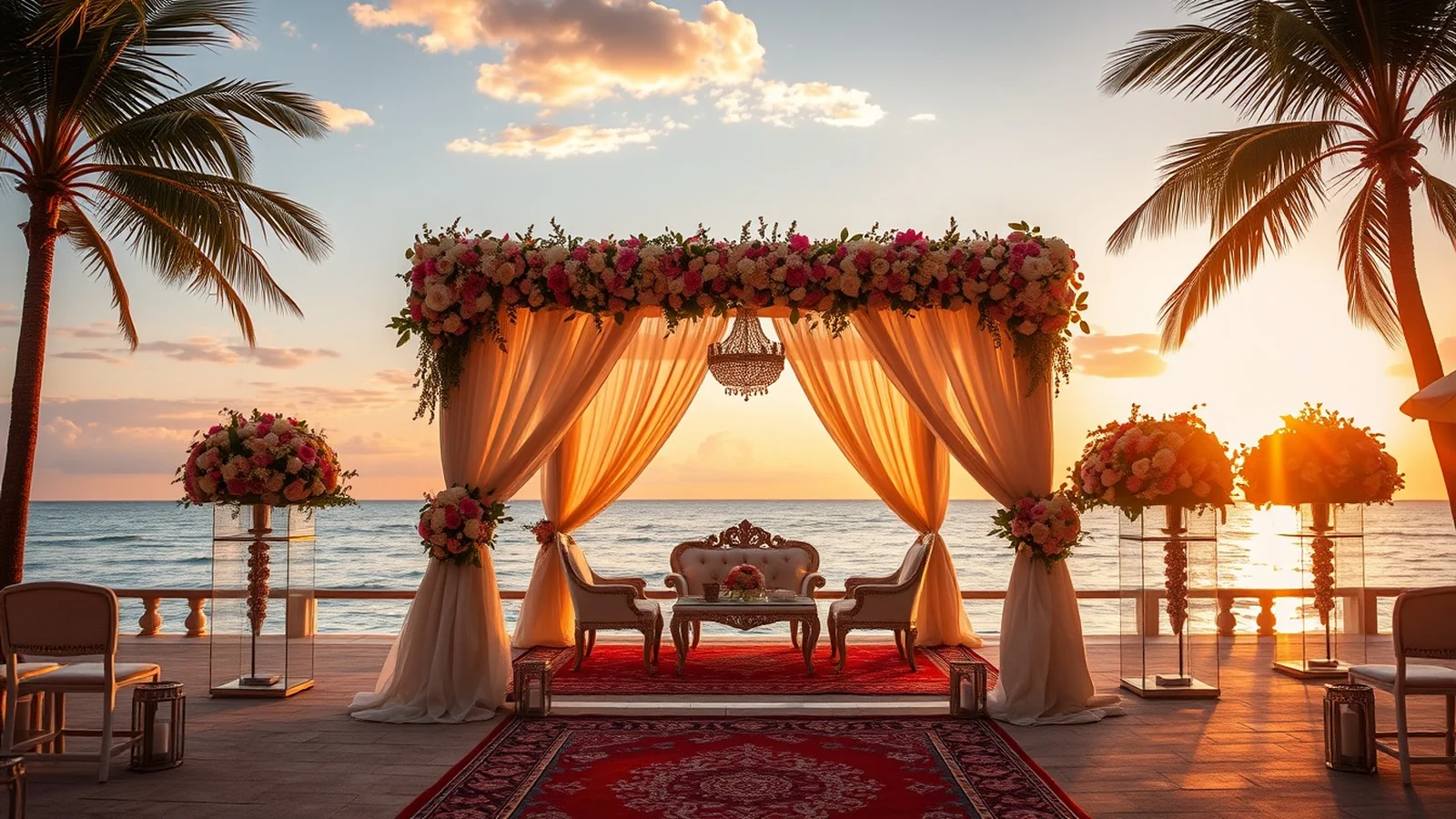 Dreamy Indian destination wedding by the sea at a tropical resort with a floral mandap at golden hour