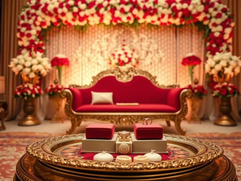 An elegant Indian engagement ceremony stage with a floral backdrop and ring boxes on a decorated tray