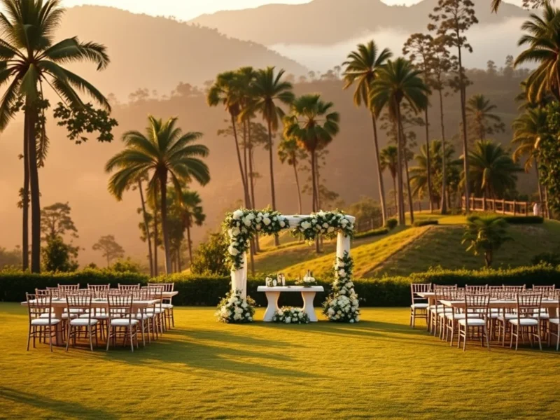 Luxury plantation-estate wedding lawn at Evolve Back Coorg with misty coffee hills at golden hour