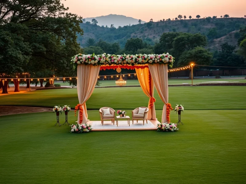 A luxury wedding on a Faridabad farmhouse lawn on the Aravalli edge at golden hour