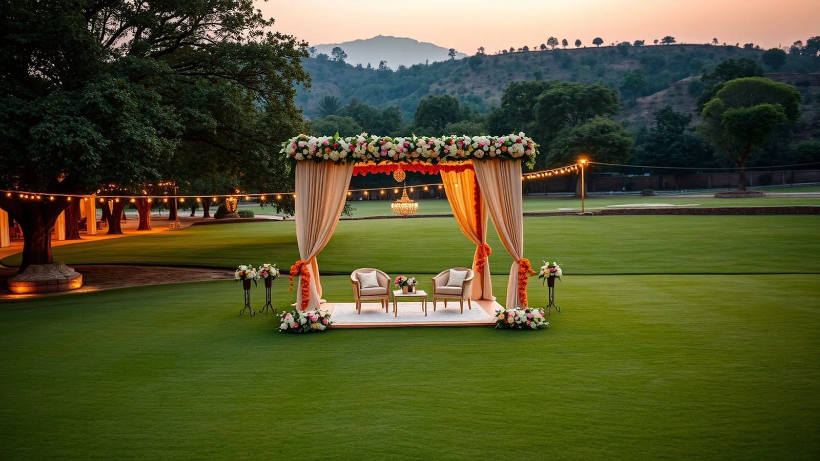 A luxury wedding on a Faridabad farmhouse lawn on the Aravalli edge at golden hour