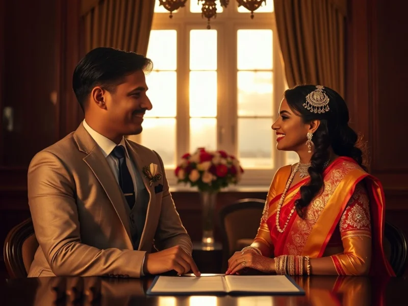 Refined civil marriage setting for an Indian couple abroad at an embassy with documents and flowers