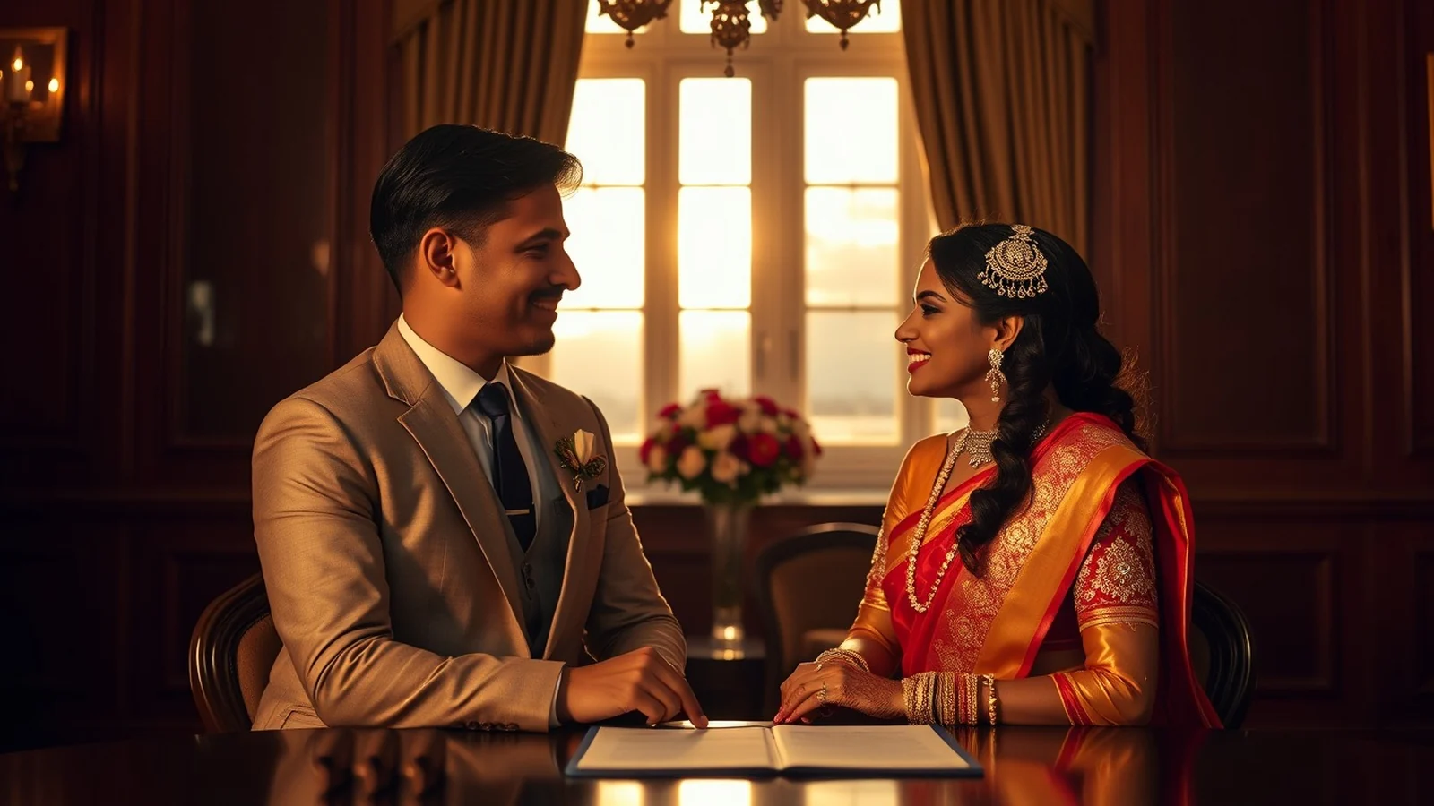 Refined civil marriage setting for an Indian couple abroad at an embassy with documents and flowers