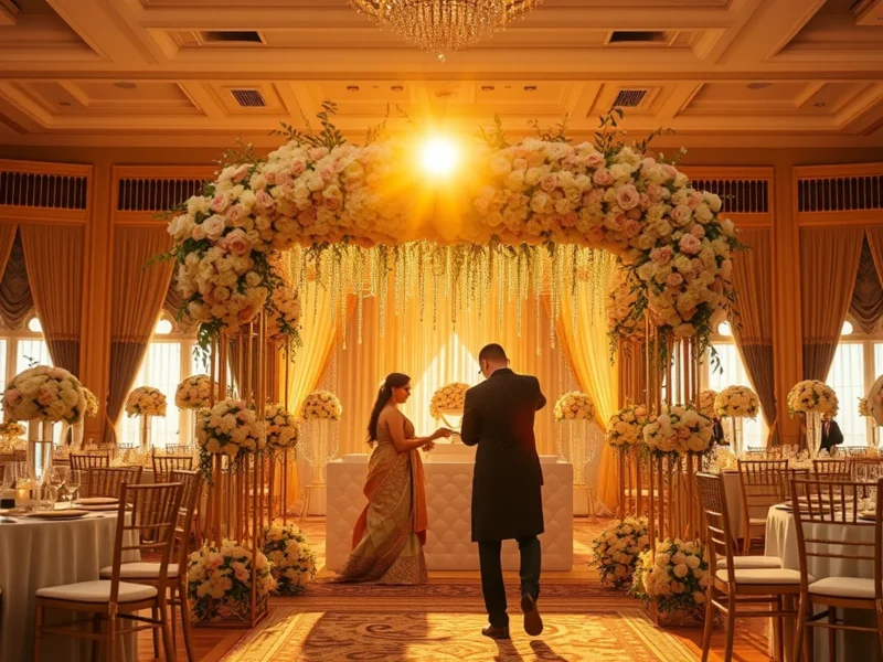 A decor team styling a luxury Indian wedding floral arch and table settings at golden hour