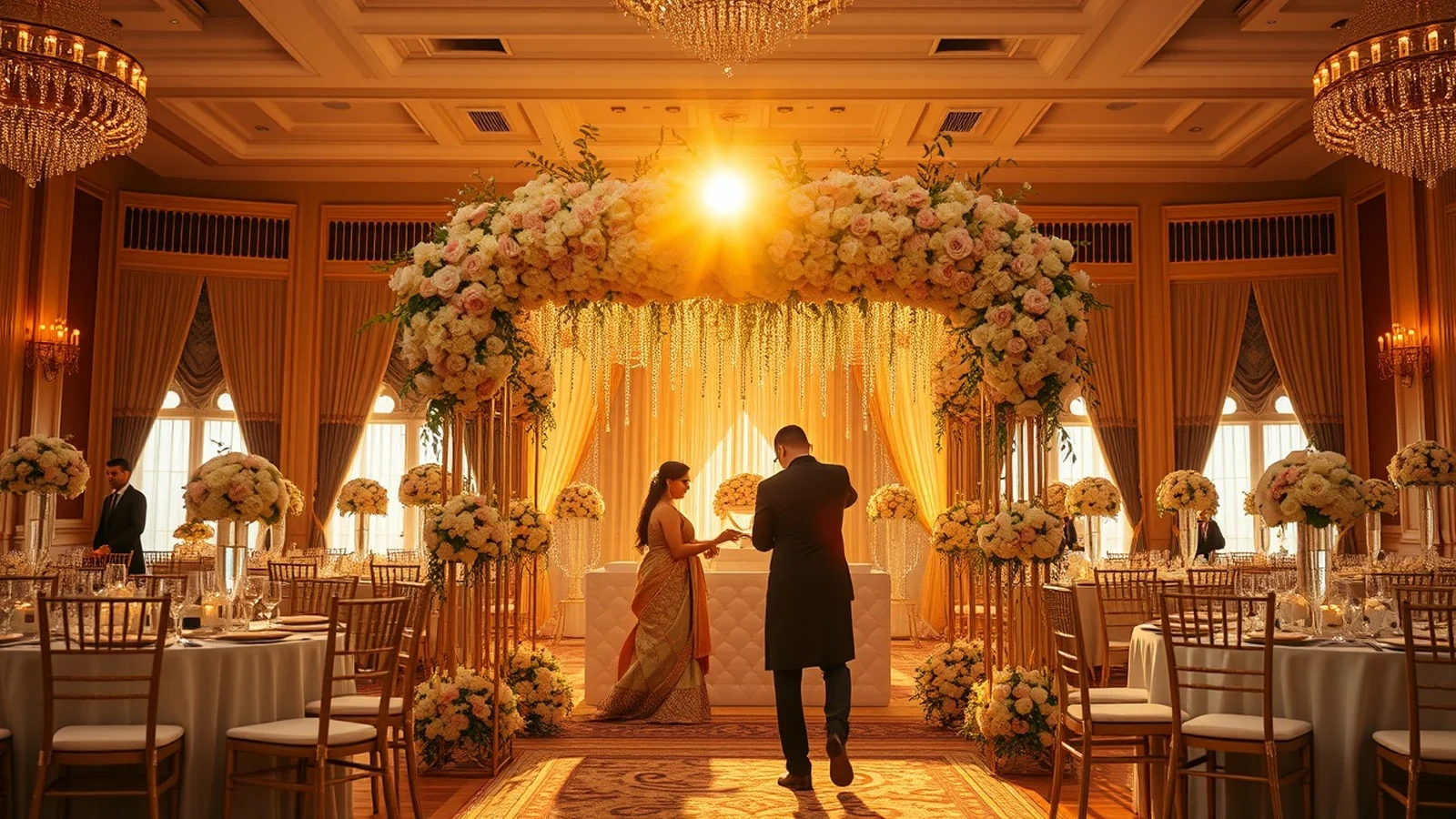 A decor team styling a luxury Indian wedding floral arch and table settings at golden hour