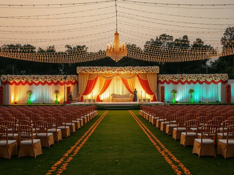 An opulent North Indian wedding stage at a modern Ghaziabad NCR banquet lawn at golden hour