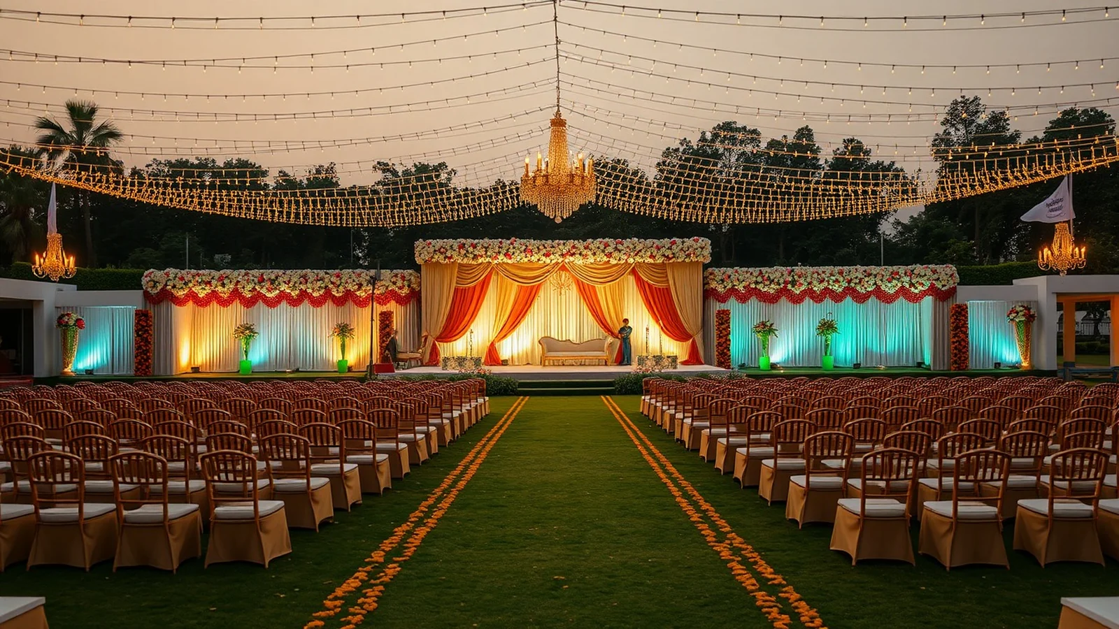 An opulent North Indian wedding stage at a modern Ghaziabad NCR banquet lawn at golden hour