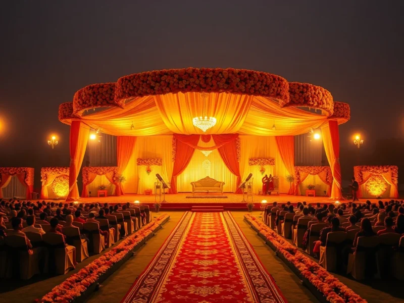 A large festive North Indian wedding stage at a grand Gorakhpur marriage lawn at golden hour