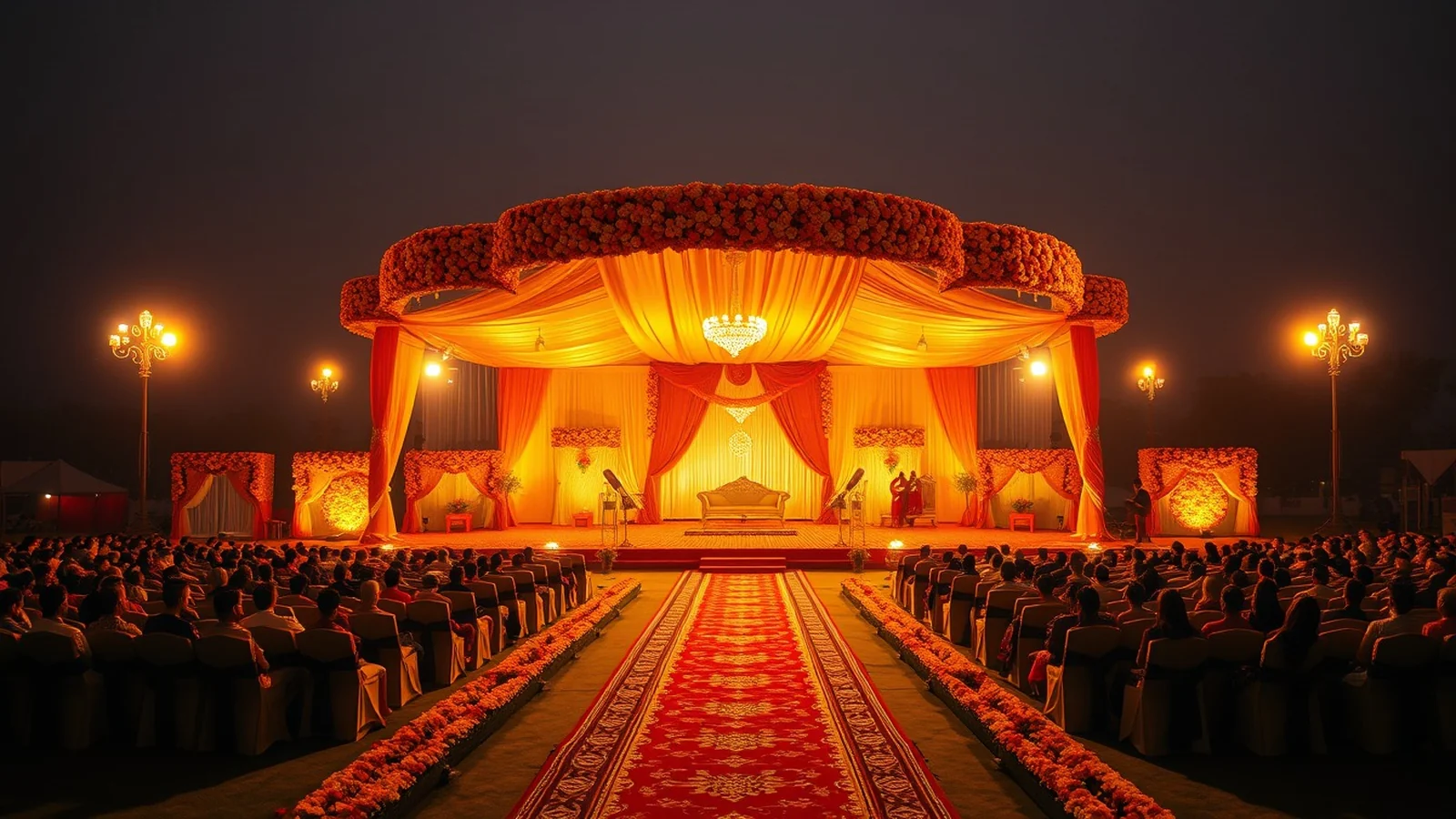 A large festive North Indian wedding stage at a grand Gorakhpur marriage lawn at golden hour