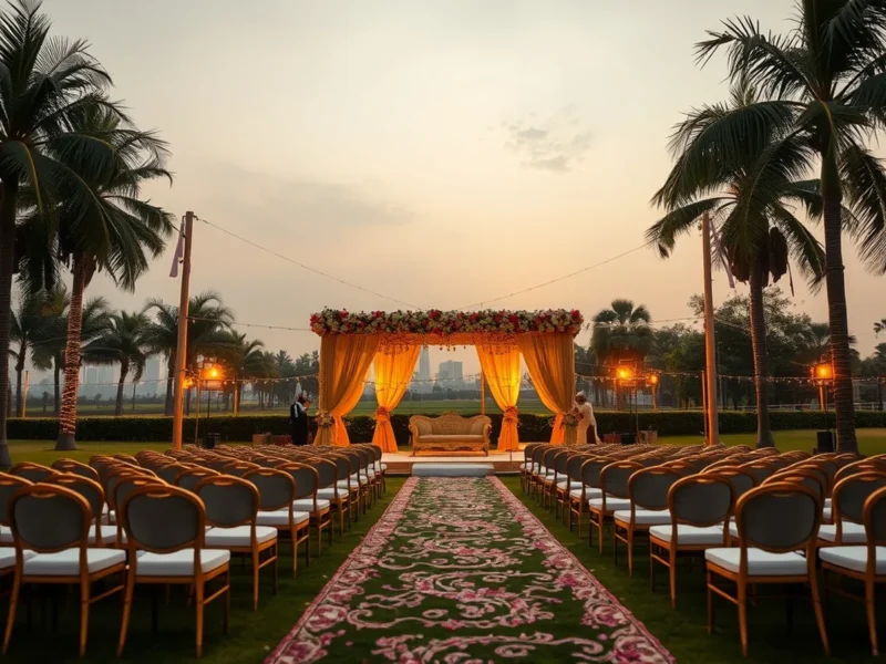 A grand Indian wedding mandap on a Gurgaon farmhouse lawn at golden hour