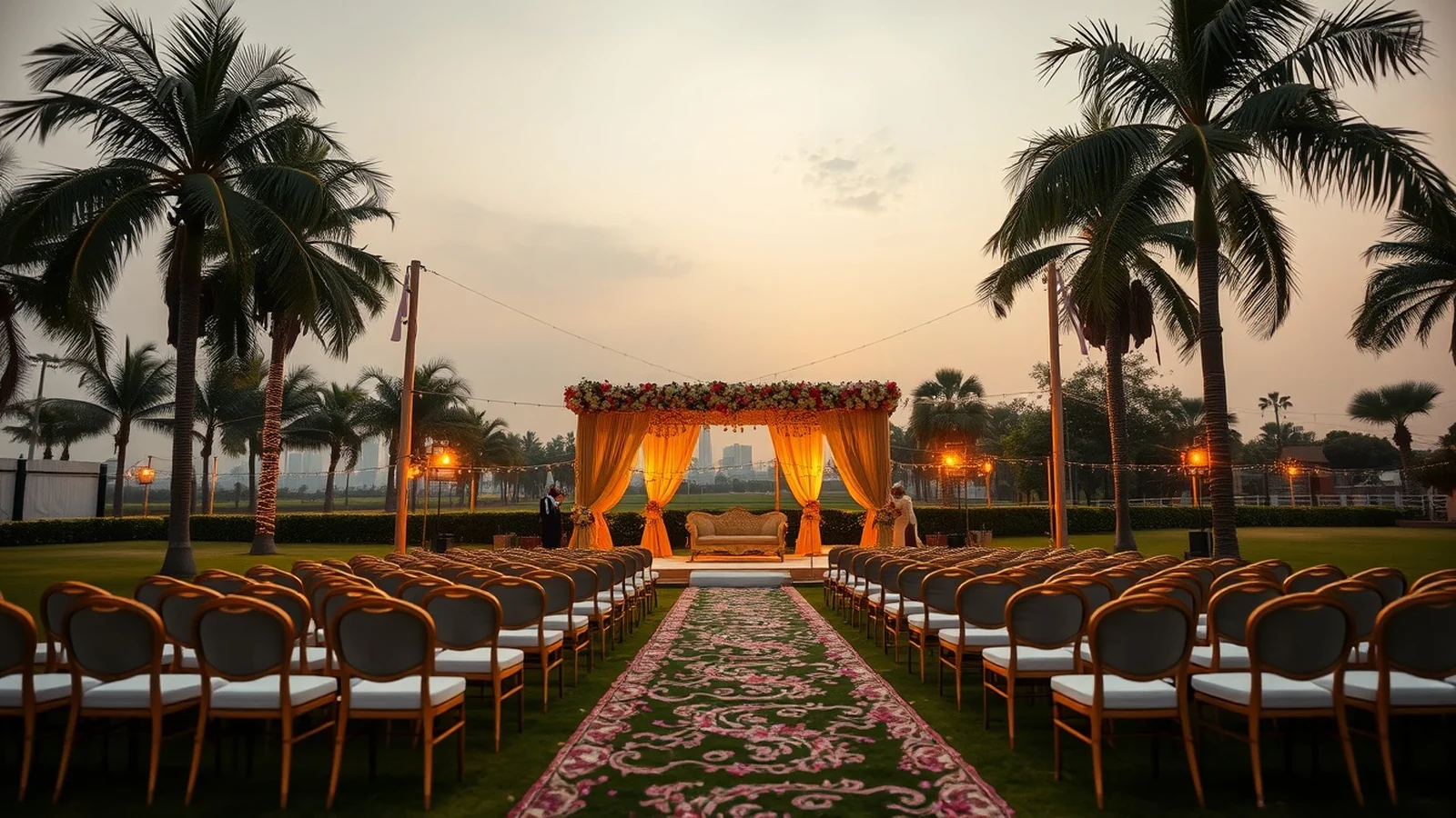 A grand Indian wedding mandap on a Gurgaon farmhouse lawn at golden hour