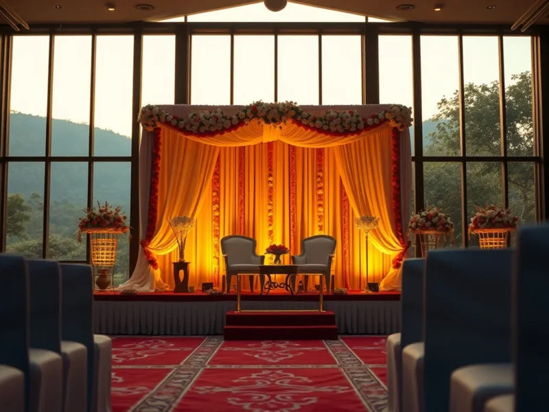 An elegant Assamese-influenced wedding stage in Guwahati at golden hour