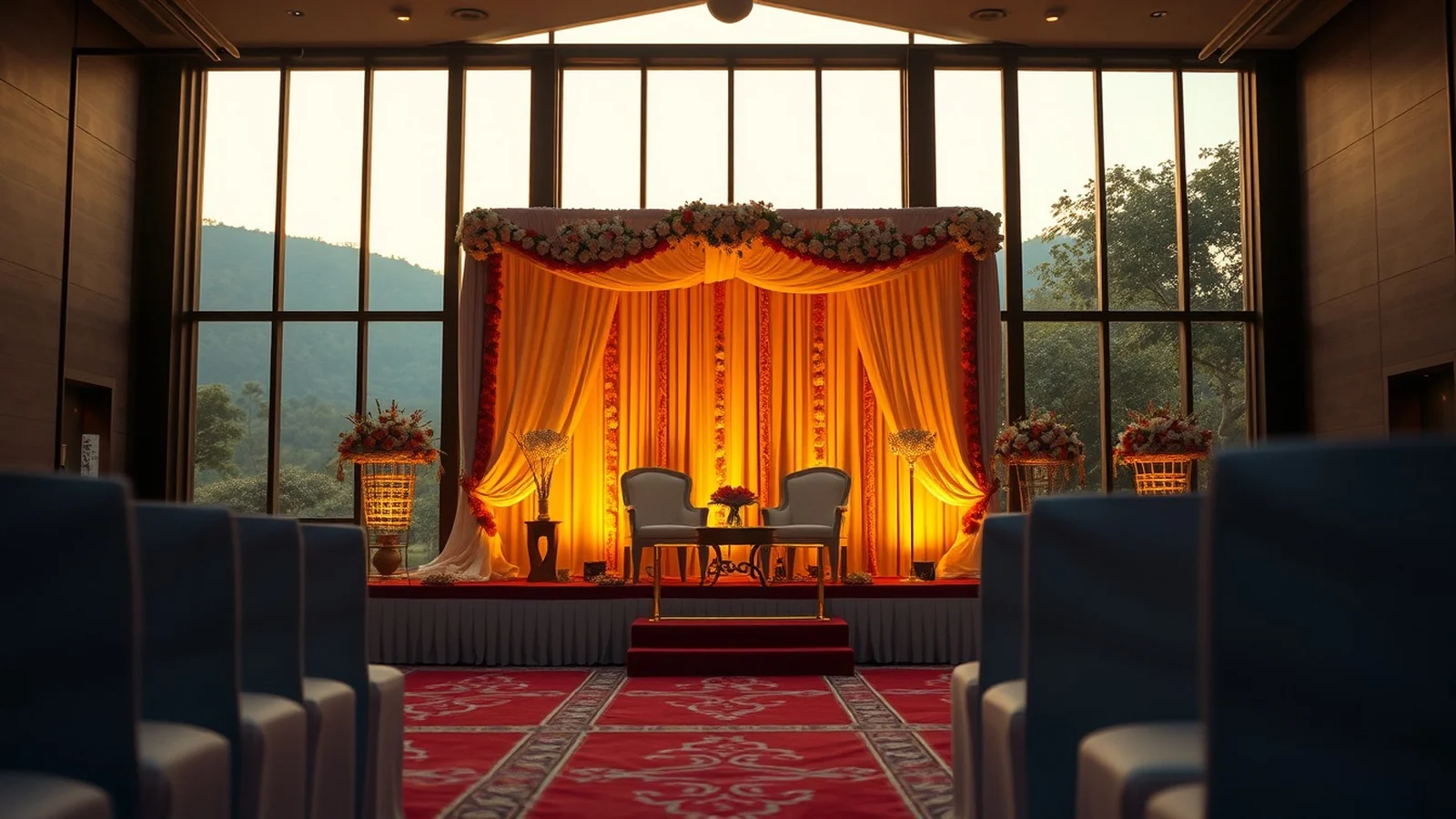 An elegant Assamese-influenced wedding stage in Guwahati at golden hour