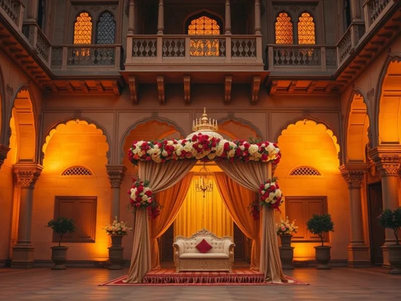 A heritage palace-hotel wedding courtyard in Gwalior with floral decor at golden hour