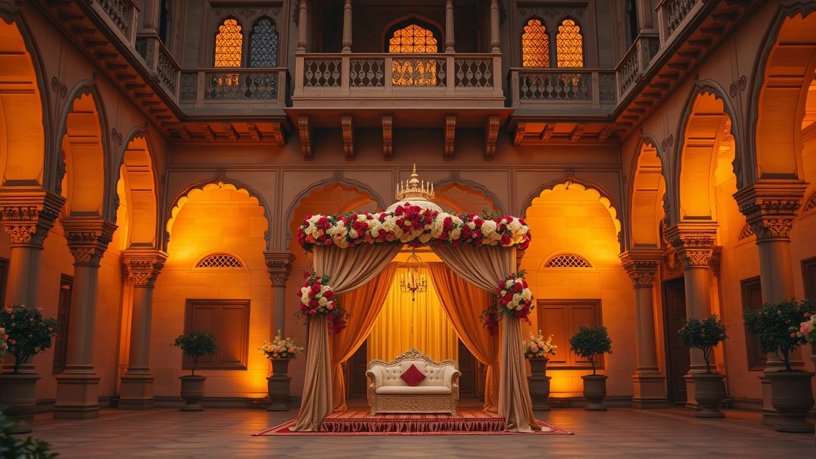 A heritage palace-hotel wedding courtyard in Gwalior with floral decor at golden hour