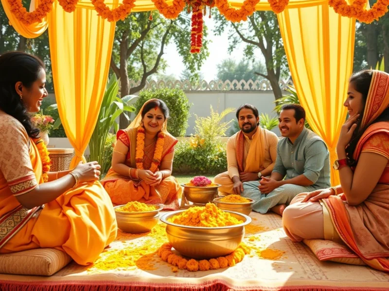 A sunny Indian haldi ceremony setup with marigold-yellow decor and brass turmeric bowls