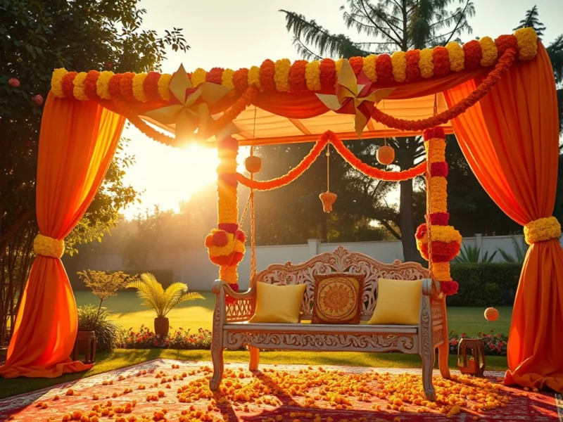 Vibrant haldi ceremony decor with marigold curtains, a floral swing and pinwheels in a sunny garden