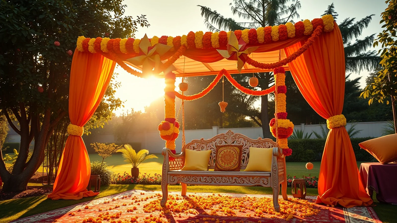 Vibrant haldi ceremony decor with marigold curtains, a floral swing and pinwheels in a sunny garden