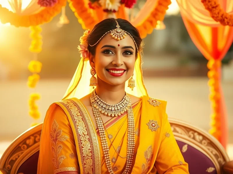 Radiant Indian bride in a bright yellow floral haldi outfit with fresh-flower jewellery in a marigold setup