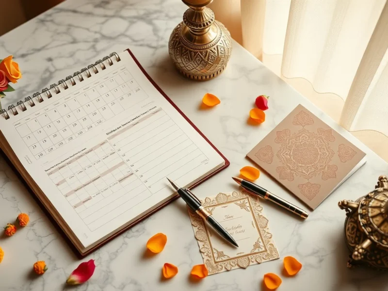 An Indian wedding planning flat lay with an open calendar, diary and invitation card