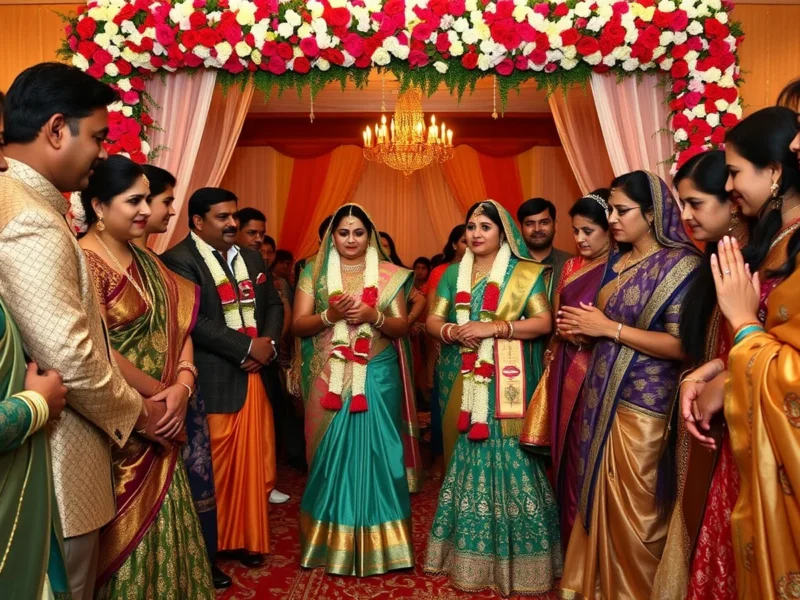 Indian wedding guests in festive silk outfits greeting each other with folded hands